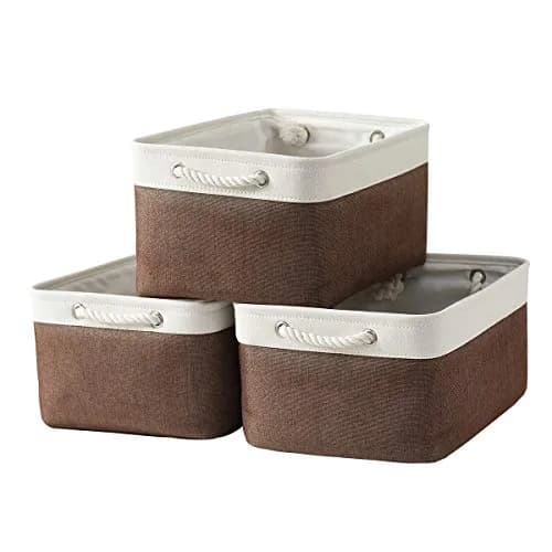 Sacyic Large Storage Baskets for Shelves, Fabric Baskets for Organizing, Collapsible Storage Bins for Closet, Nursery, Clothes, Home & Office (3-Pack, White&Brown) | Stylish & Sturdy thumbnail 1