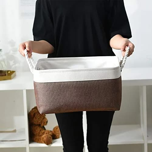 Sacyic Large Storage Baskets for Shelves, Fabric Baskets for Organizing, Collapsible Storage Bins for Closet, Nursery, Clothes, Home & Office (3-Pack, White&Brown) | Stylish & Sturdy thumbnail 5