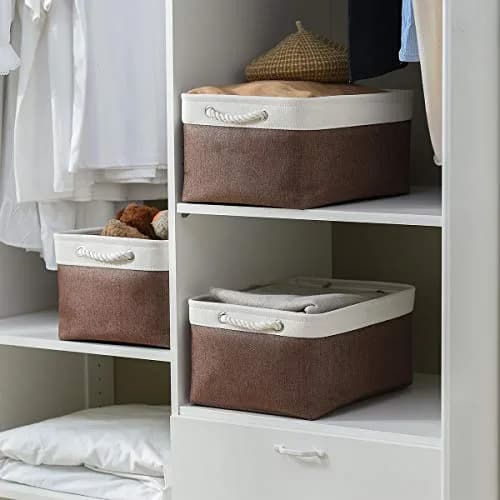 Sacyic Large Storage Baskets for Shelves, Fabric Baskets for Organizing, Collapsible Storage Bins for Closet, Nursery, Clothes, Home & Office (3-Pack, White&Brown) | Stylish & Sturdy thumbnail 6