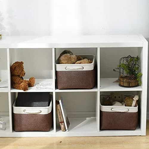 Sacyic Large Storage Baskets for Shelves, Fabric Baskets for Organizing, Collapsible Storage Bins for Closet, Nursery, Clothes, Home & Office (3-Pack, White&Brown) | Stylish & Sturdy thumbnail 7