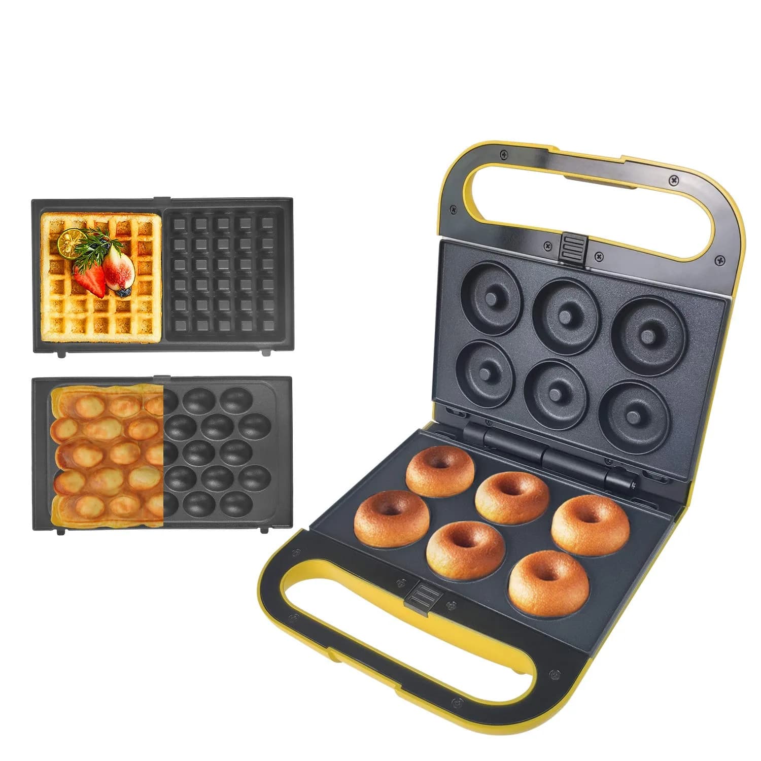Health and Home 3 Interchangeable Baking Plates for Doughnut & Waffle Maker | Non-Stick, 1200W, Easy Clean, Compact Storage — Yellow-1