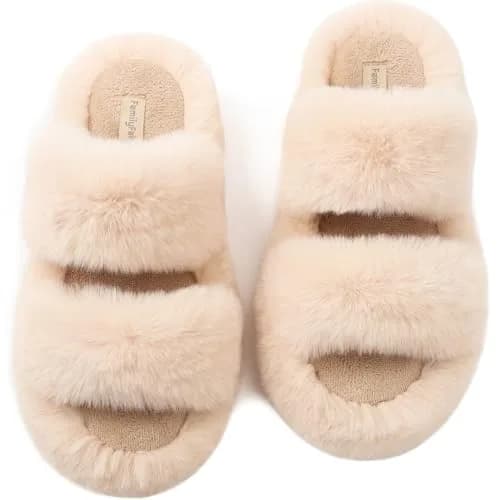 FamilyFairy Women's Fluffy Faux Fur Slippers Open Toe Slides (5-6, Beige) | Cozy Indoor-Outdoor Comfort thumbnail 1