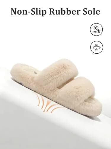 FamilyFairy Women's Fluffy Faux Fur Slippers Open Toe Slides (5-6, Beige) | Cozy Indoor-Outdoor Comfort thumbnail 5