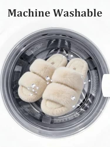 FamilyFairy Women's Fluffy Faux Fur Slippers Open Toe Slides (5-6, Beige) | Cozy Indoor-Outdoor Comfort thumbnail 8