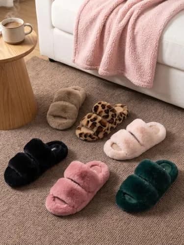 FamilyFairy Women's Fluffy Faux Fur Slippers Open Toe Slides (5-6, Beige) | Cozy Indoor-Outdoor Comfort thumbnail 9