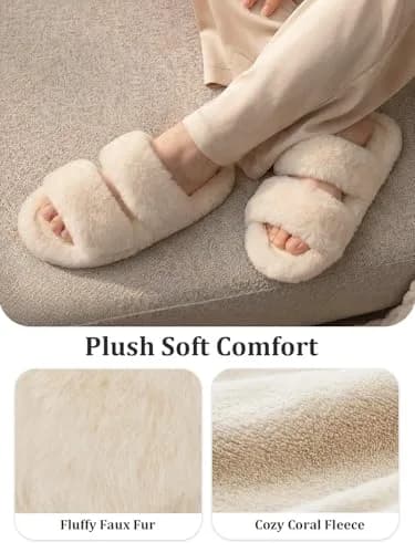 FamilyFairy Women's Fluffy Faux Fur Slippers Open Toe Slides (5-6, Beige) | Cozy Indoor-Outdoor Comfort thumbnail 3