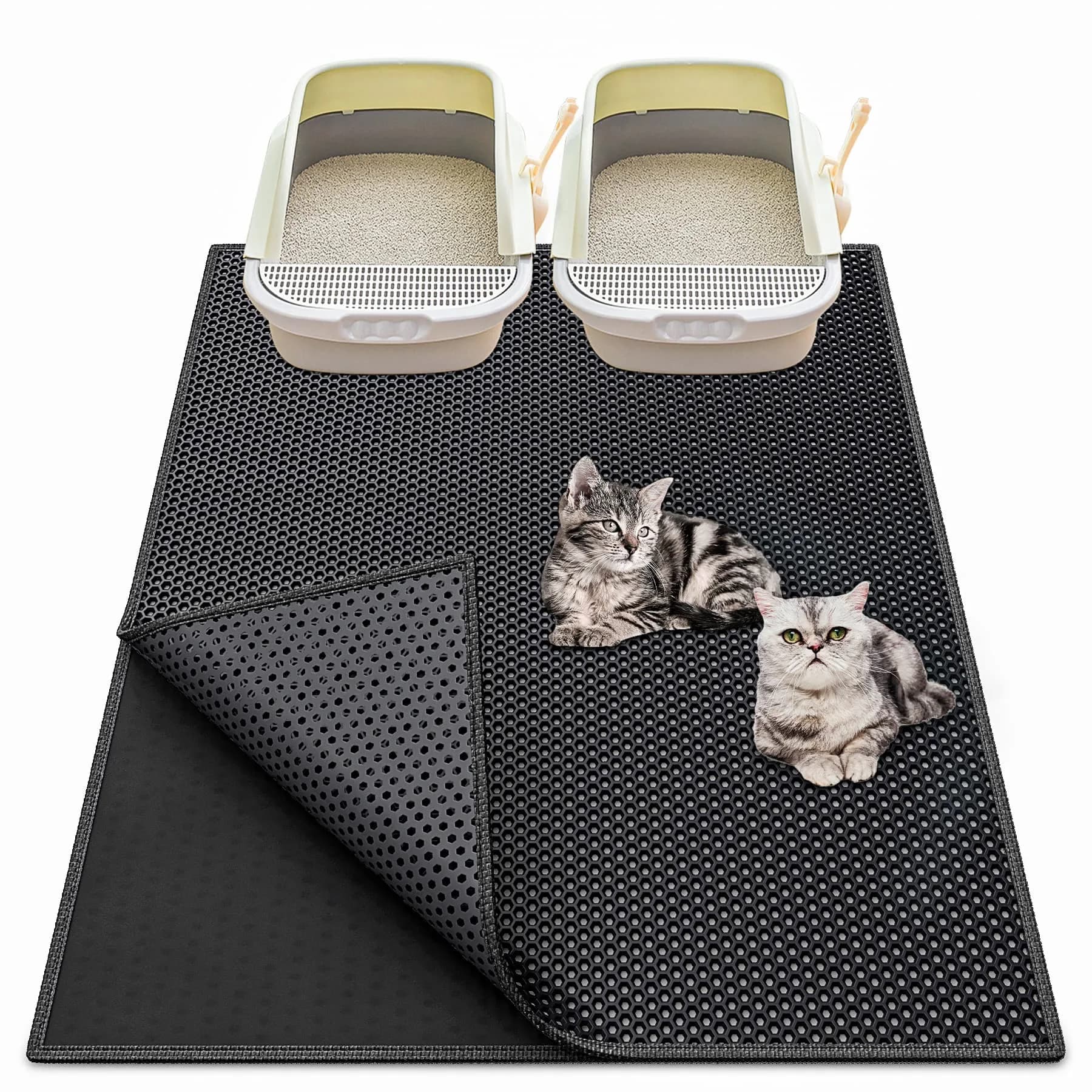 Waretary Cat Litter Mat, 36"x30" Waterproof, Scatter Control, Black