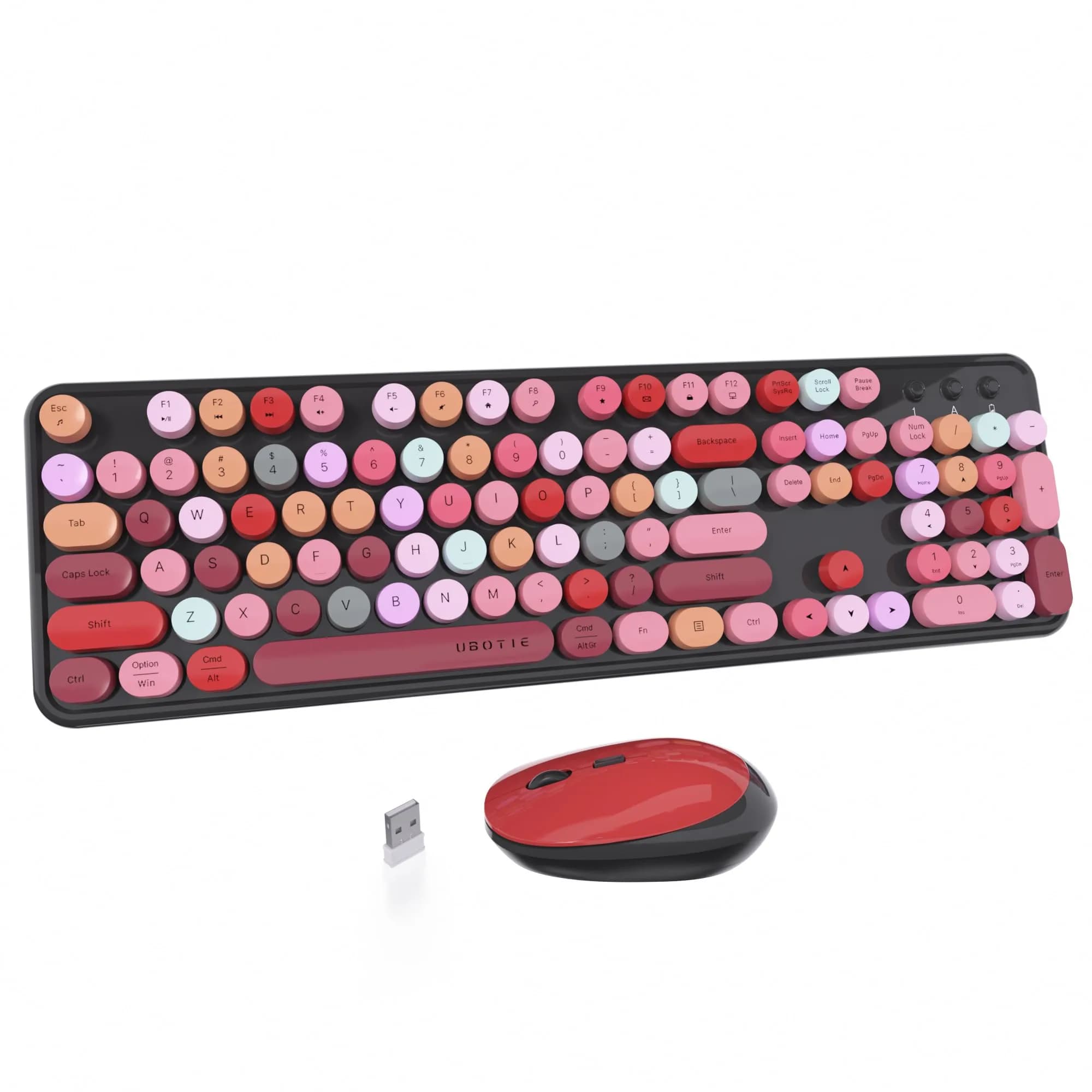 UBOTIE Colorful Wireless Keyboard and Mouse Combo, Full-Size 104-Key with Round Keycaps | Plug-and-Play 2.4GHz USB Connection