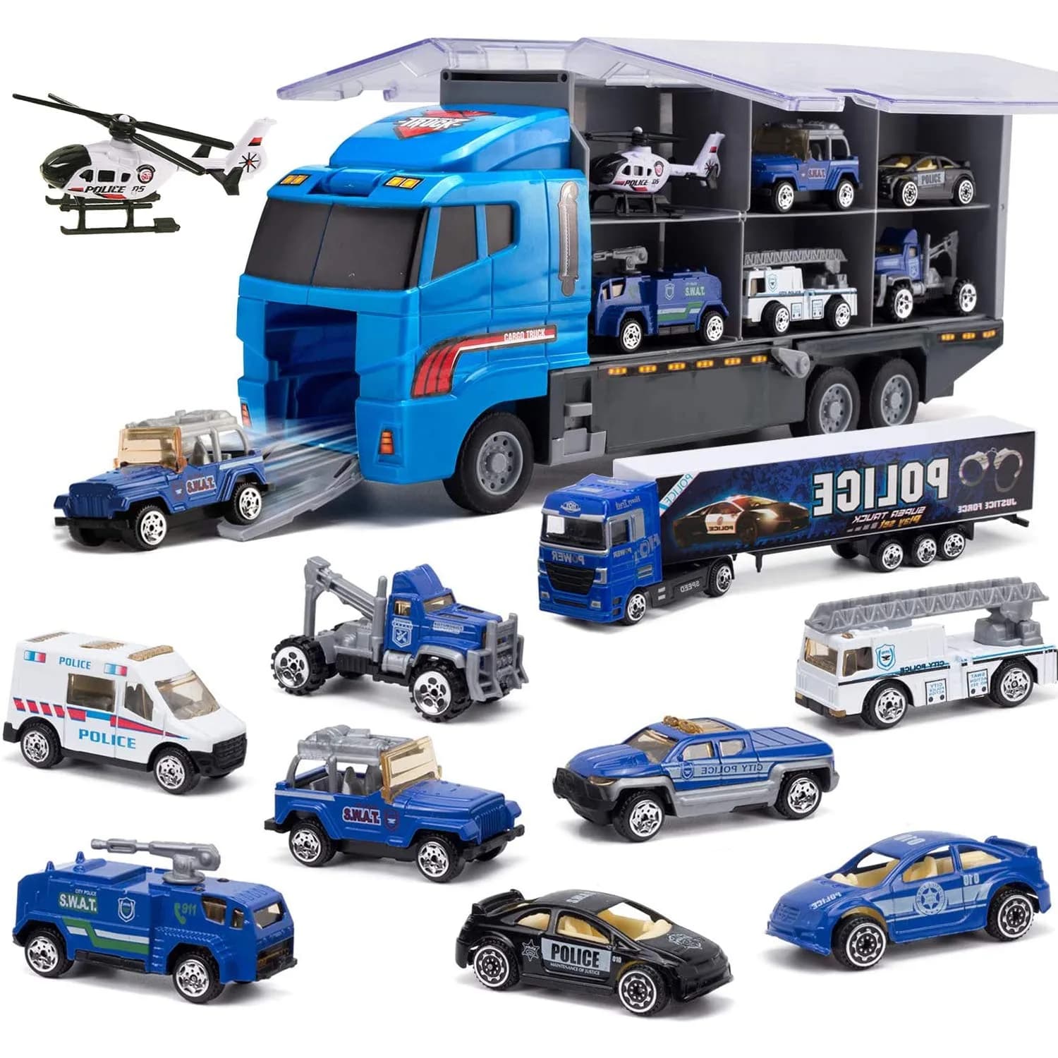 Joyfia 10 in 1 Police Toys, Die-cast Police Rescue Truck, Mini Vehicles for Kids 3+ | Educational & Safe — Blue