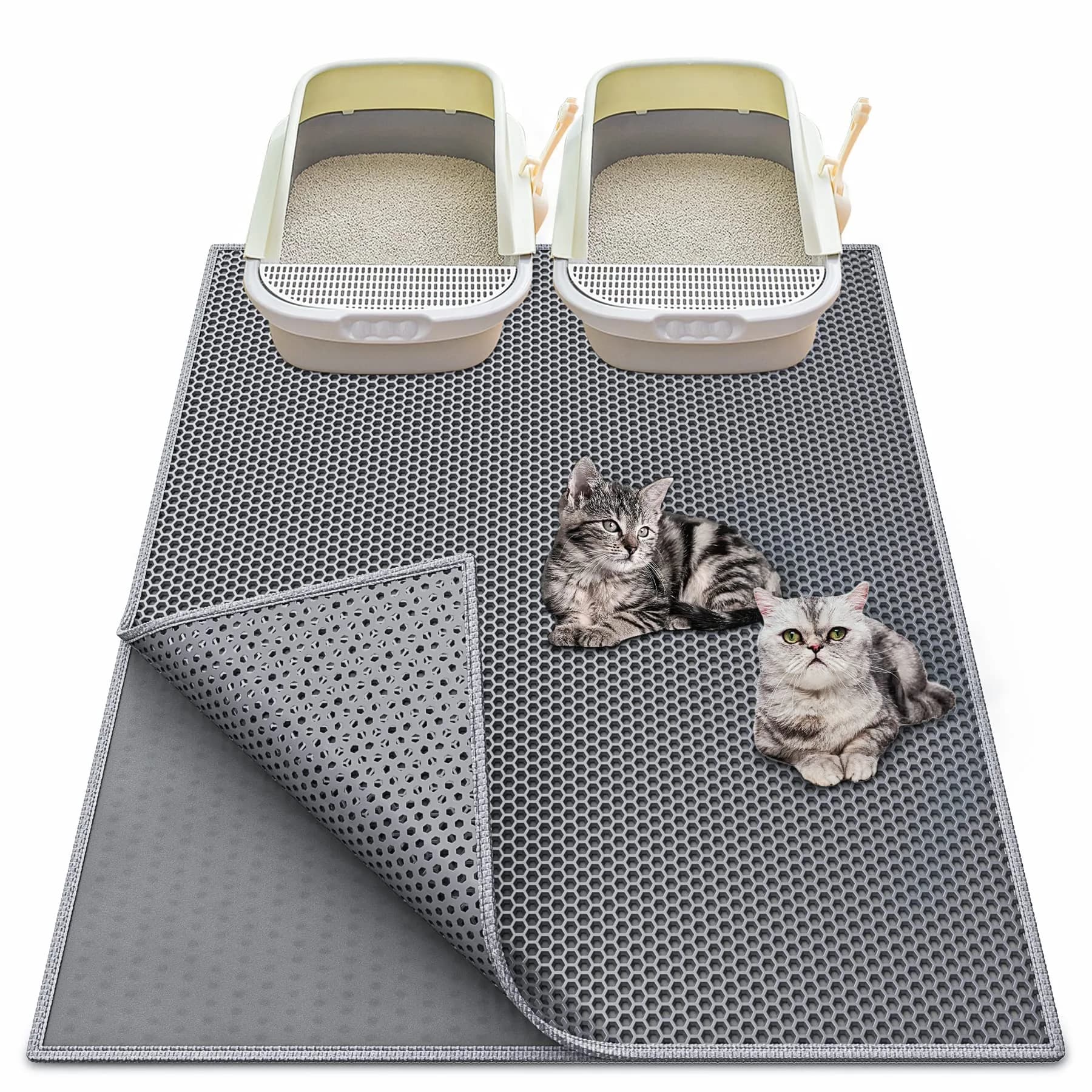 Waretary Cat Litter Mat, 47"x 36" Waterproof, Scatter Control, Black | XL Size, Easy to Clean, Paw-Friendly — Grey