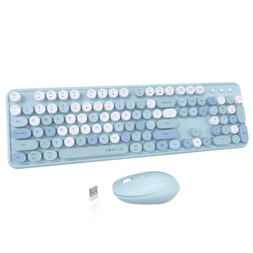 UBOTIE Colorful Wireless Keyboard and Mouse Combo with Round Keycaps & Mirror Surface, 2.4GHz USB Plug-and-Play, Full-Size 104-Key Layout (Blue-Colorful) thumbnail 1