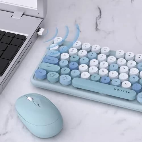 UBOTIE Colorful Wireless Keyboard and Mouse Combo with Round Keycaps & Mirror Surface, 2.4GHz USB Plug-and-Play, Full-Size 104-Key Layout (Blue-Colorful) thumbnail 4