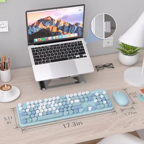 UBOTIE Colorful Wireless Keyboard and Mouse Combo with Round Keycaps & Mirror Surface, 2.4GHz USB Plug-and-Play, Full-Size 104-Key Layout (Blue-Colorful) thumbnail 7