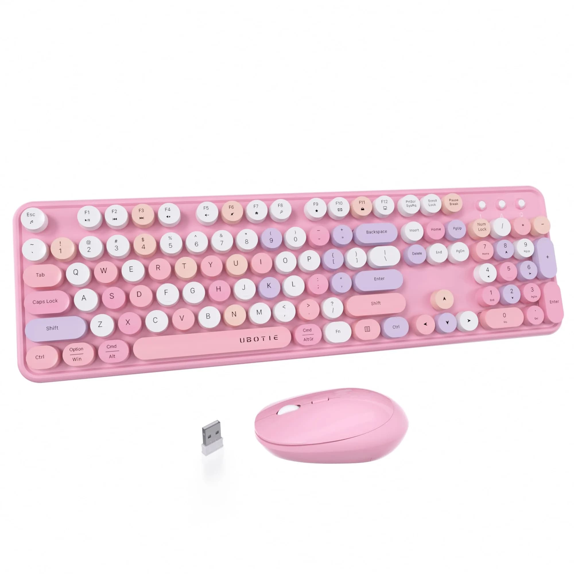 UBOTIE Colorful Wireless Keyboard and Mouse Combo (Pink-Colorful) | Retro Typewriter Floating Full-Sized Keys Computer Keyboard with Optical Mouse, 2.4GHz USB Connection for Windows Mac — Pink-colorful