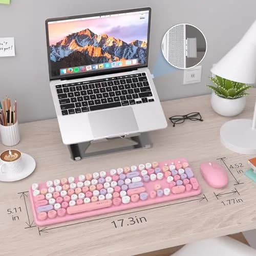 UBOTIE Colorful Wireless Keyboard and Mouse Combo (Pink-Colorful) | Retro Typewriter Floating Full-Sized Keys Computer Keyboard with Optical Mouse, 2.4GHz USB Connection for Windows Mac thumbnail 6