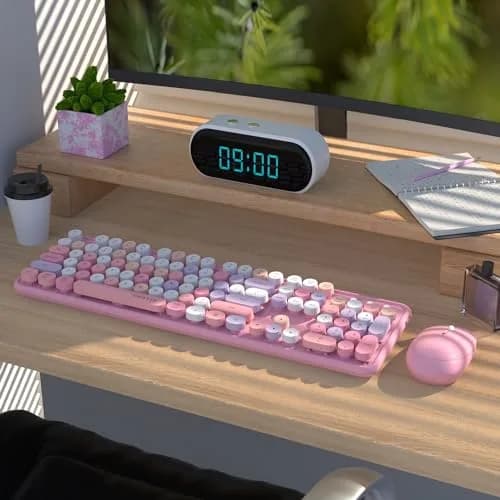 UBOTIE Colorful Wireless Keyboard and Mouse Combo (Pink-Colorful) | Retro Typewriter Floating Full-Sized Keys Computer Keyboard with Optical Mouse, 2.4GHz USB Connection for Windows Mac thumbnail 2