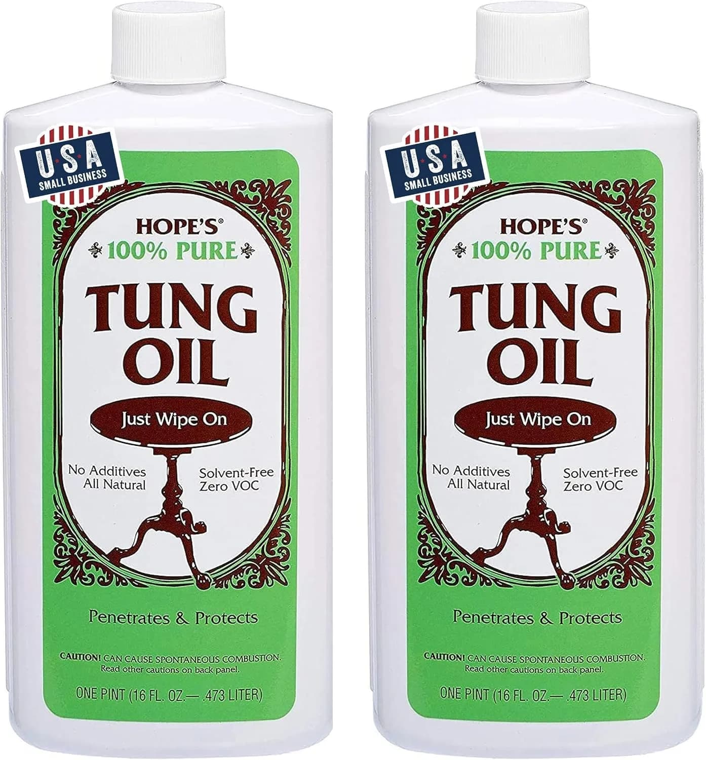 HOPE'S 100% Pure Tung Oil Wood Finish & Sealer 946ml (32 Fl Oz) | Food Safe Natural Wood Grain Enhancer — Two, 16 Fl Oz