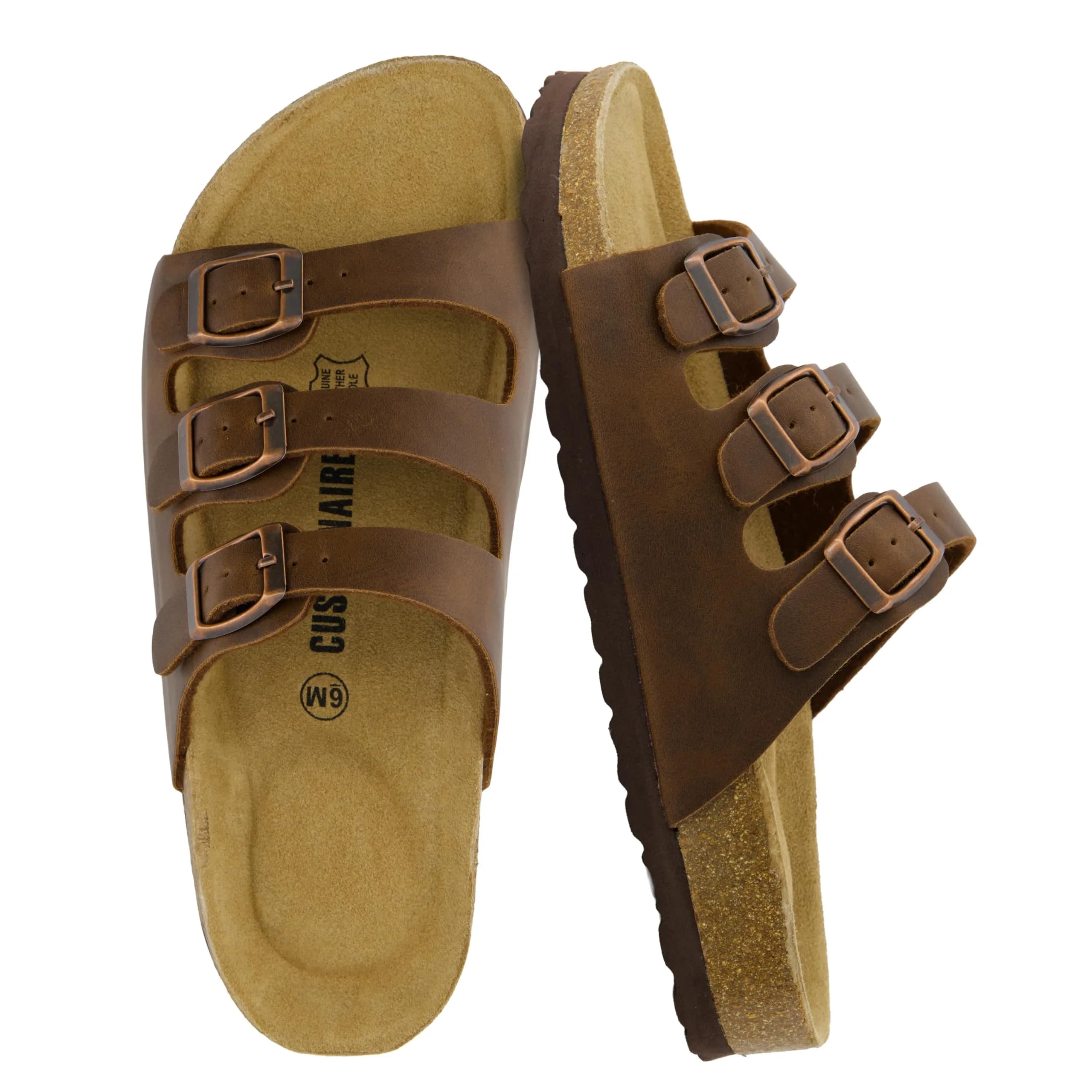 CUSHIONAIRE Lela Slip On Womens Sandals with Vegan Adjustable Straps & Genuine Suede Cork Footbed - Comfortable Memory Foam Sandals for Women 2025, BROWN 10