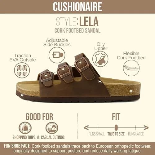 CUSHIONAIRE Lela Slip On Womens Sandals with Vegan Adjustable Straps & Genuine Suede Cork Footbed - Comfortable Memory Foam Sandals for Women 2025, BROWN 10 thumbnail 4