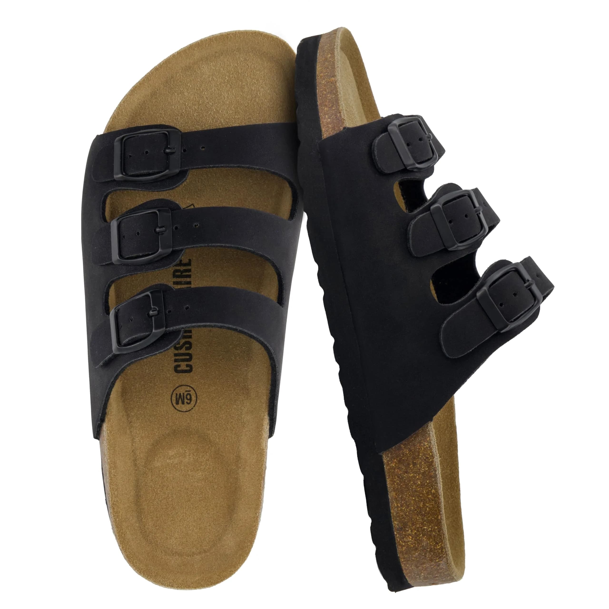 CUSHIONAIRE Lela Slip On Womens Sandals with Vegan Adjustable Straps & Genuine Suede Cork Footbed - Comfortable Memory Foam Sandals for Women 2025, BLACK 7