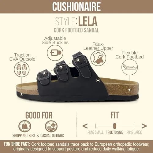 CUSHIONAIRE Lela Slip On Womens Sandals with Vegan Adjustable Straps & Genuine Suede Cork Footbed - Comfortable Memory Foam Sandals for Women 2025, BLACK 7 thumbnail 4