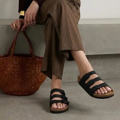 CUSHIONAIRE Lela Slip On Womens Sandals with Vegan Adjustable Straps & Genuine Suede Cork Footbed - Comfortable Memory Foam Sandals for Women 2025, BLACK 7 thumbnail 5
