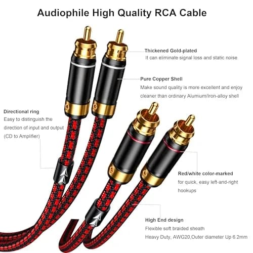 Primeda Audiophile 2RCA to 2RCA Stereo Audio Cable 2.0 m (6 Feet) | Oxygen-Free Copper Core, Gold-Plated Connectors thumbnail 3