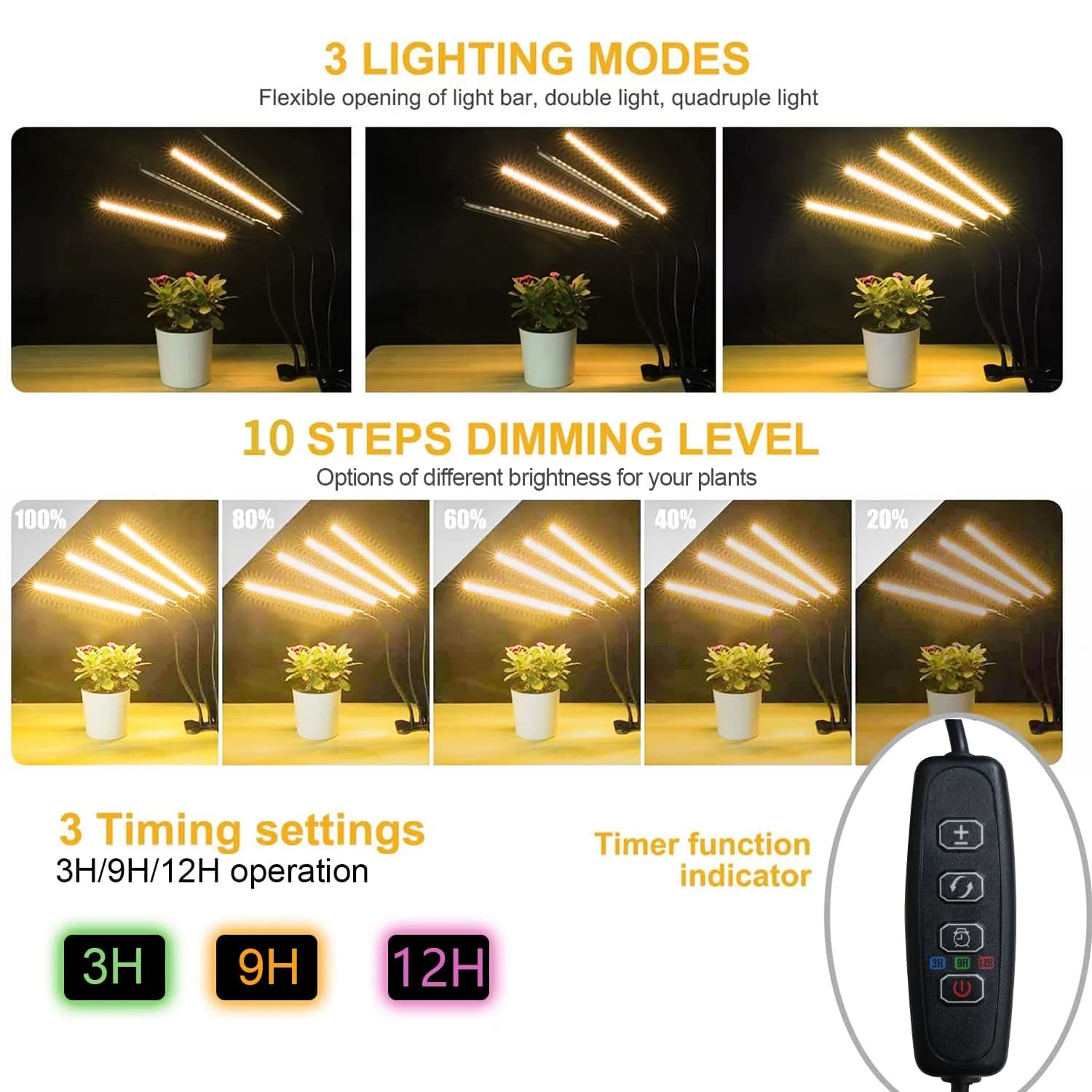 bseah Full Spectrum LED Grow Light with Timer 4 Tubes | 4500K Color Temperature, 15W - view 3
