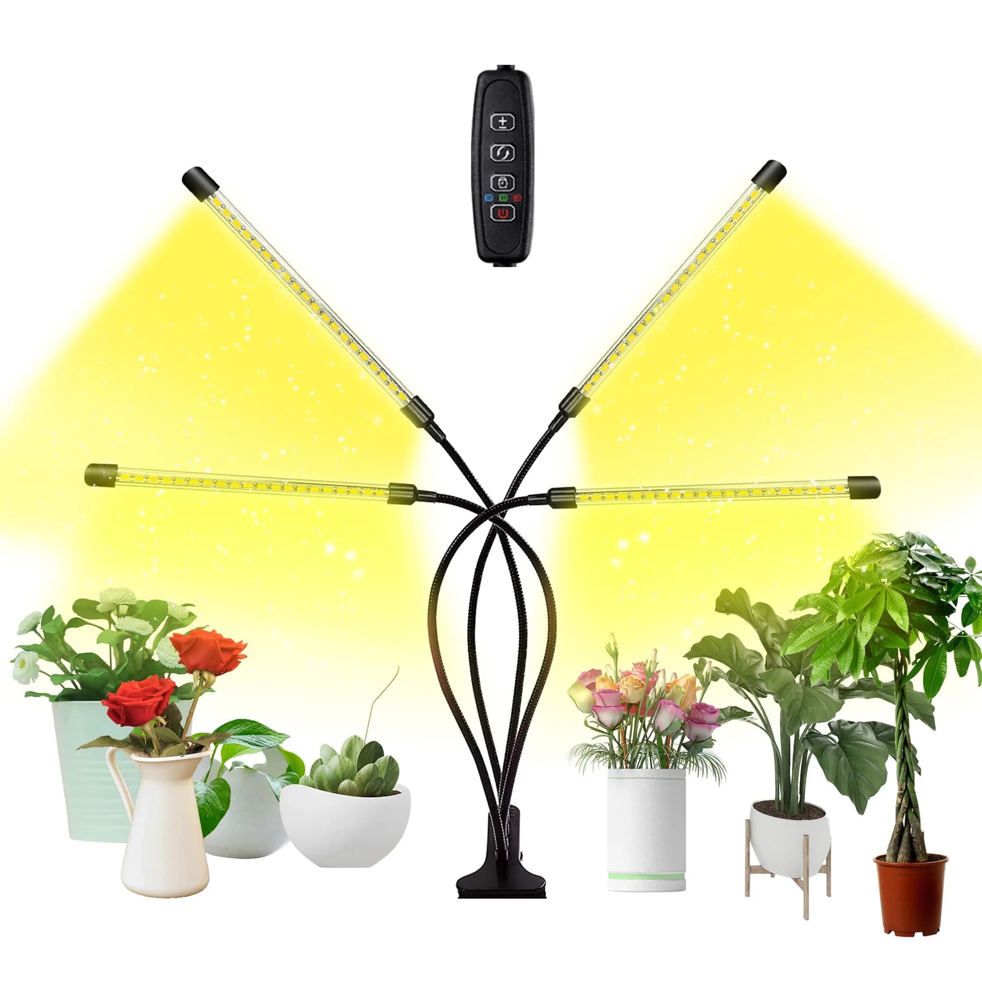 Bseah Full Spectrum LED Grow Light for Indoor Plants, 3-Head Clip-On Lamp with Timer & Dimmable Brightness | 15W (E26 Base) — Yellow＆White（4 Tubes）