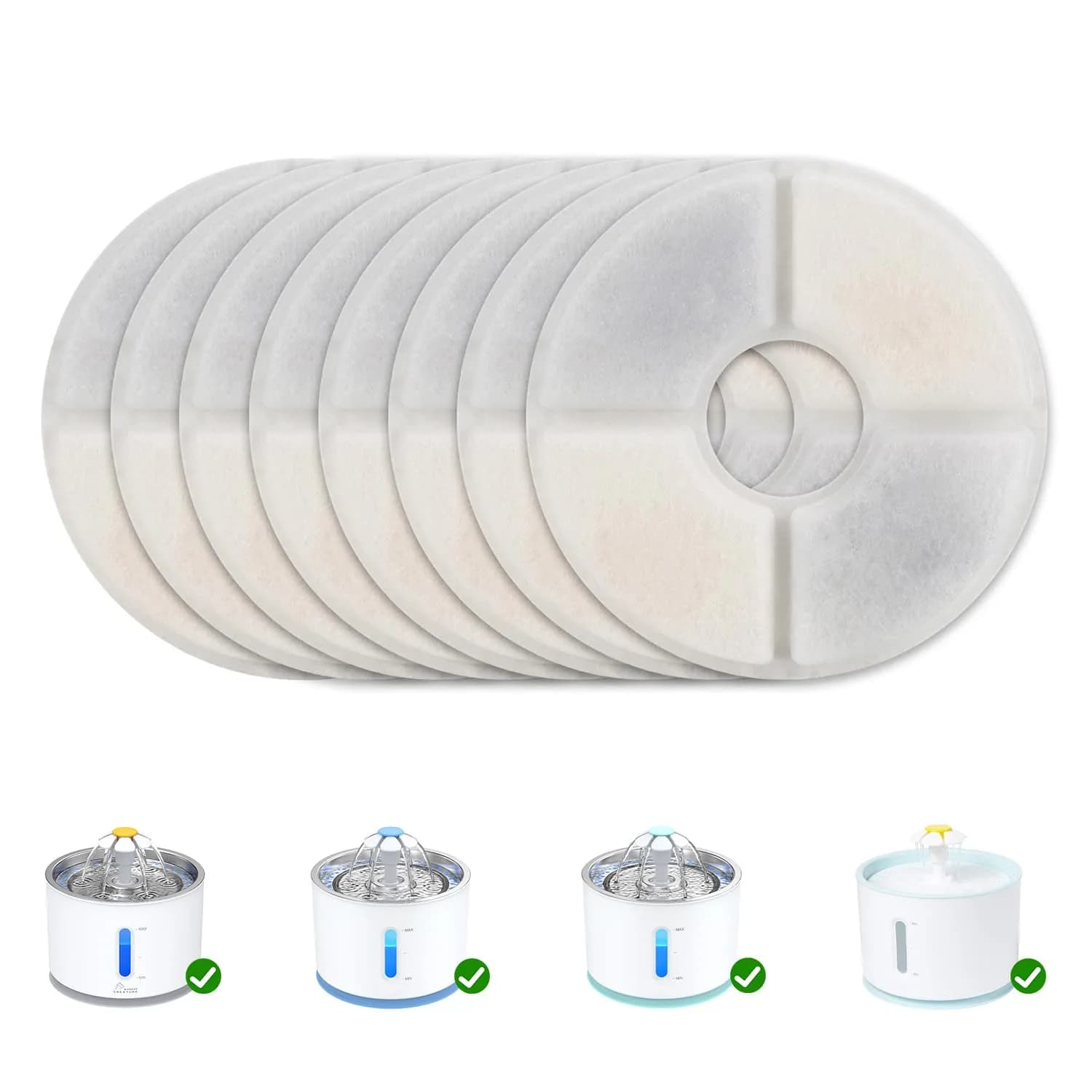 Wonder Creature Cat Water Fountain Filter Replacement 8 Pack | Compatible with Most Cat Fountains, Activated Carbon — White