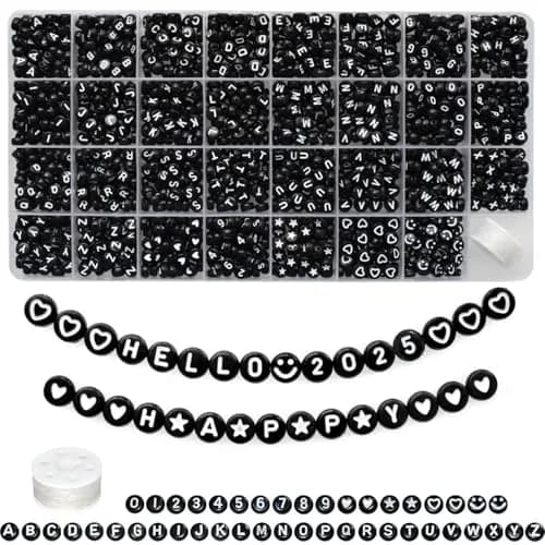 Looconi Black Letter Beads 1600pcs 7x4mm Round Acrylic Alphabet A-Z Number Star Smiley Heart Beads | Craft Beads for Jewelry Making — Black&heart