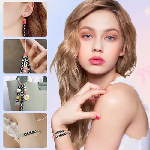 Looconi Black Letter Beads 1600pcs 7x4mm Round Acrylic Alphabet A-Z Number Star Smiley Heart Beads | Craft Beads for Jewelry Making thumbnail 5