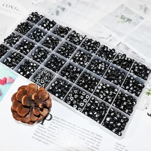 Looconi Black Letter Beads 1600pcs 7x4mm Round Acrylic Alphabet A-Z Number Star Smiley Heart Beads | Craft Beads for Jewelry Making thumbnail 7