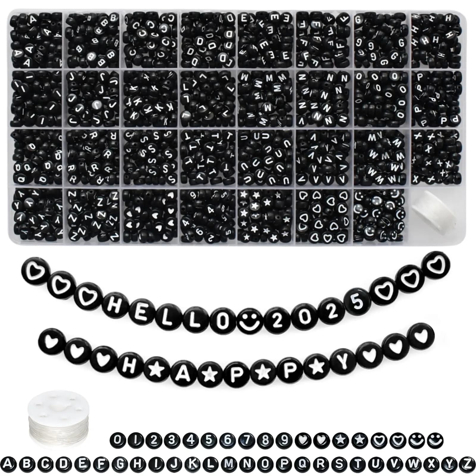 Looconi Black Letter Beads 1600pcs 7x4mm Round Acrylic Alphabet A-Z Number Star Smiley Heart Beads | Craft Beads for Jewelry Making