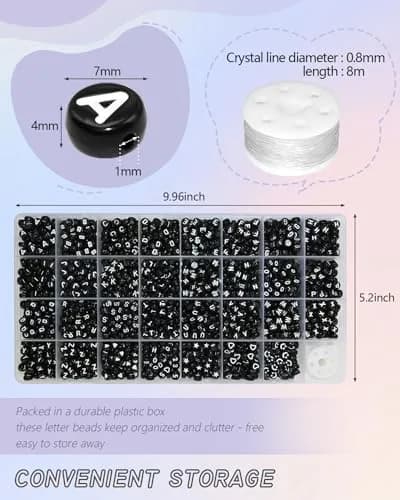 Looconi Black Letter Beads 1600pcs 7x4mm Round Acrylic Alphabet A-Z Number Star Smiley Heart Beads | Craft Beads for Jewelry Making thumbnail 2