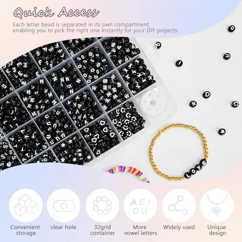 Looconi Black Letter Beads 1600pcs 7x4mm Round Acrylic Alphabet A-Z Number Star Smiley Heart Beads | Craft Beads for Jewelry Making thumbnail 3