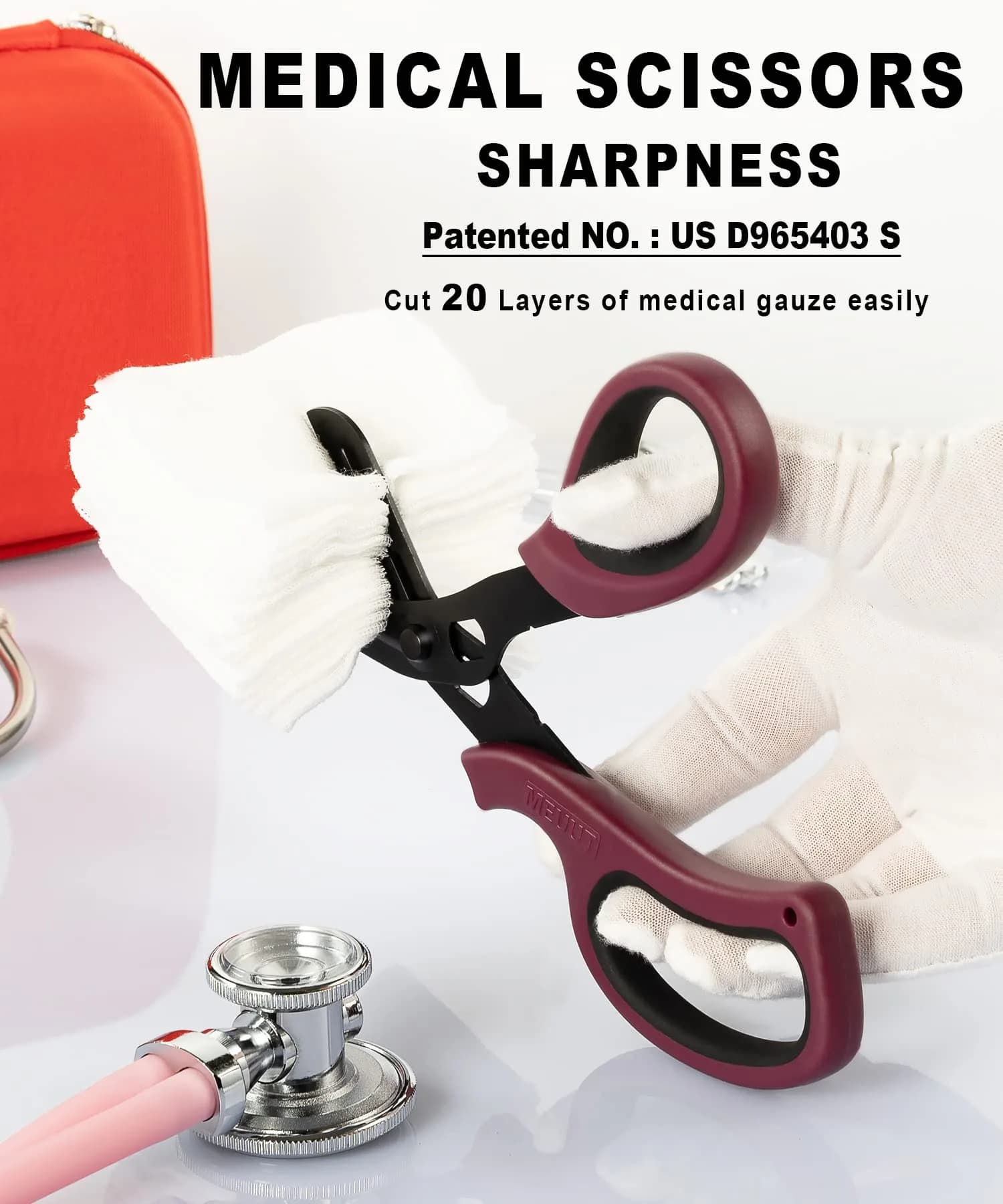 MEUUT Burgundy & White Trauma Shears (2-Pack, 7.8 Inch) - Patented Stainless Steel Medical Scissors with Oxygen Wrench - view 2