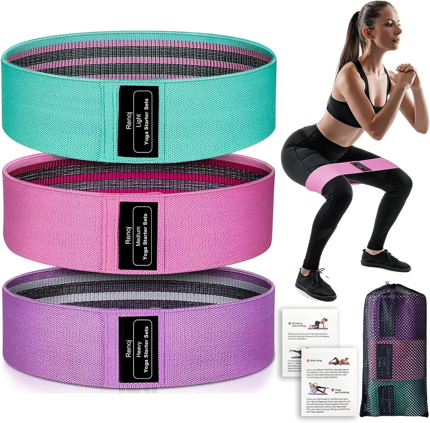 Renoj Resistance Bands for Working Out: 3-Set Exercise Bands for Pilates, Yoga, Home Gym, Booty, Leg Training | Heavy/Medium/Light Fabric Loops - main product image