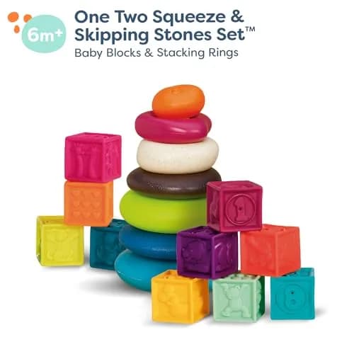 B. toys Baby Blocks & Stacking Set, One Two Squeeze & Stacking Stones 17-Piece Playset | Educational Toy for 6 Months+ thumbnail 4