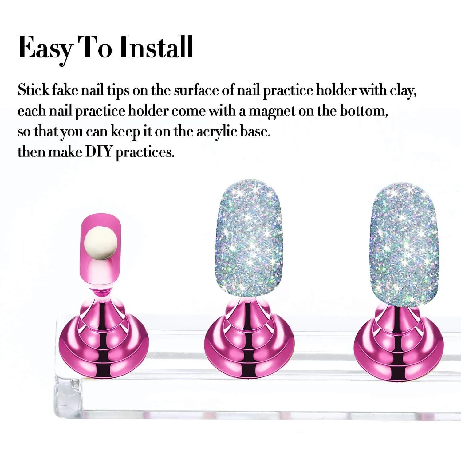 Blulu Magnetic Nail Art Practice Stands Set with Adhesive Putty | 2 Sets Silver & Pink - view 4