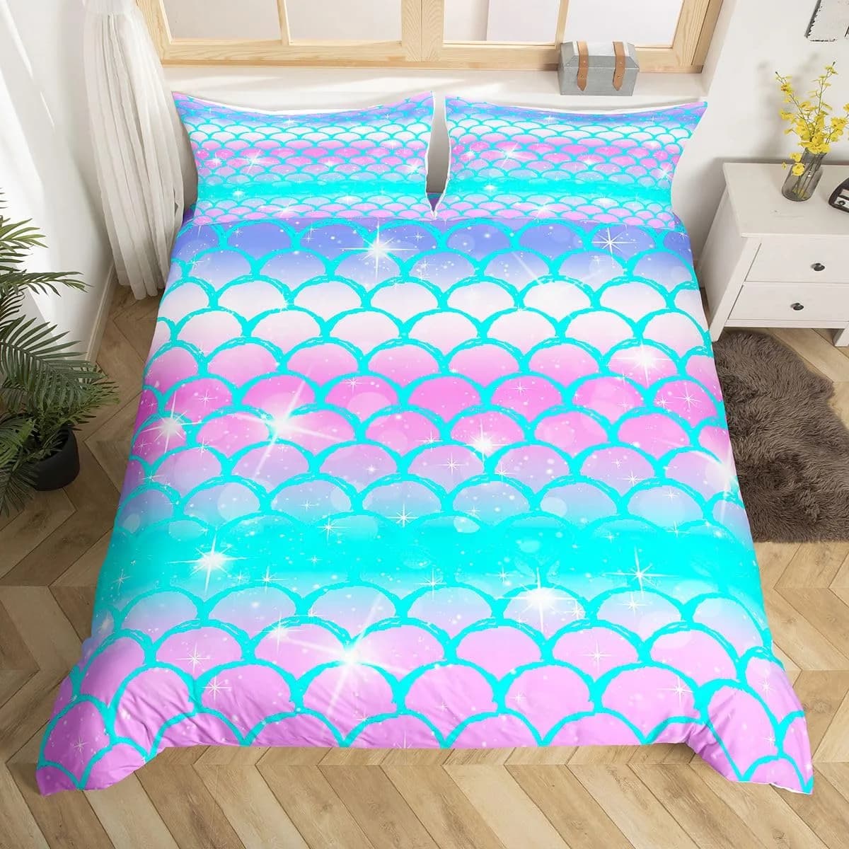 Erosebridal Fish Scale Duvet Cover Full Size Blue Purple Mermaid Scales Decor Bedding Set | Soft Microfiber Comforter Cover — Multi 40