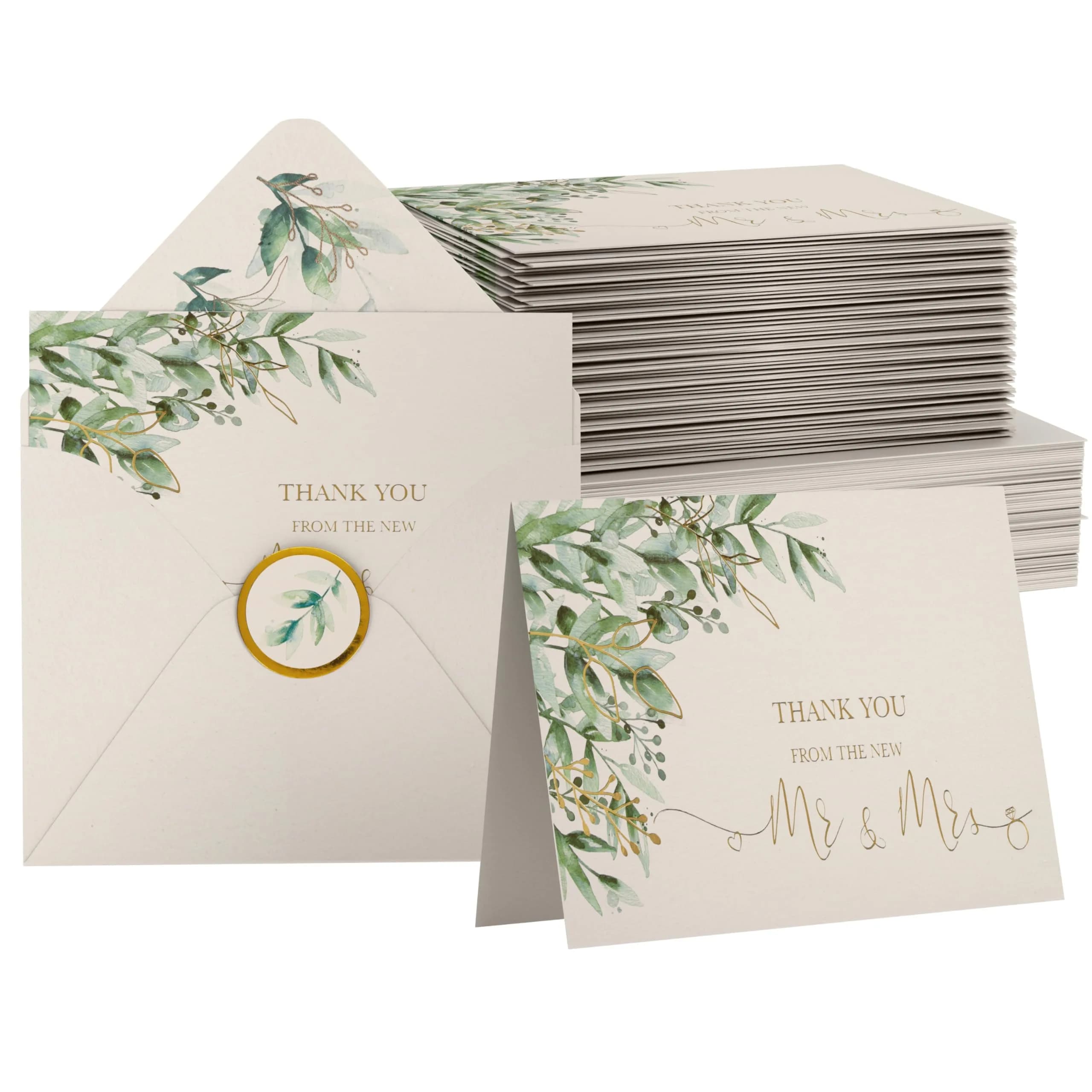 VNS Creations Blank Wedding Thank You Cards 100 Pack 4x6 Inches | Greenery & Gold Design - main product image