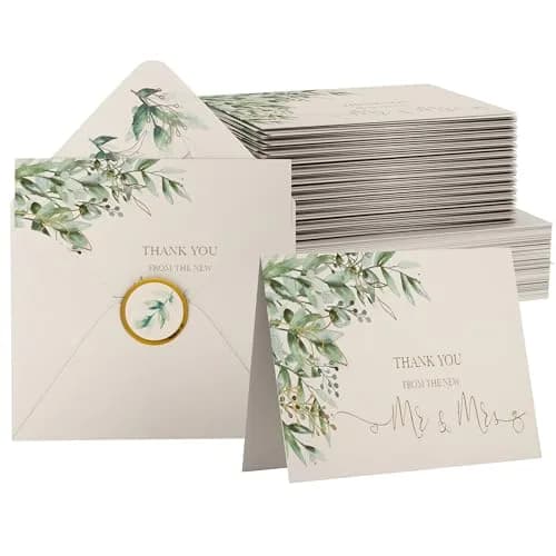 VNS Creations Blank Wedding Thank You Cards 100 Pack 4x6 Inches | Greenery & Gold Design thumbnail 1