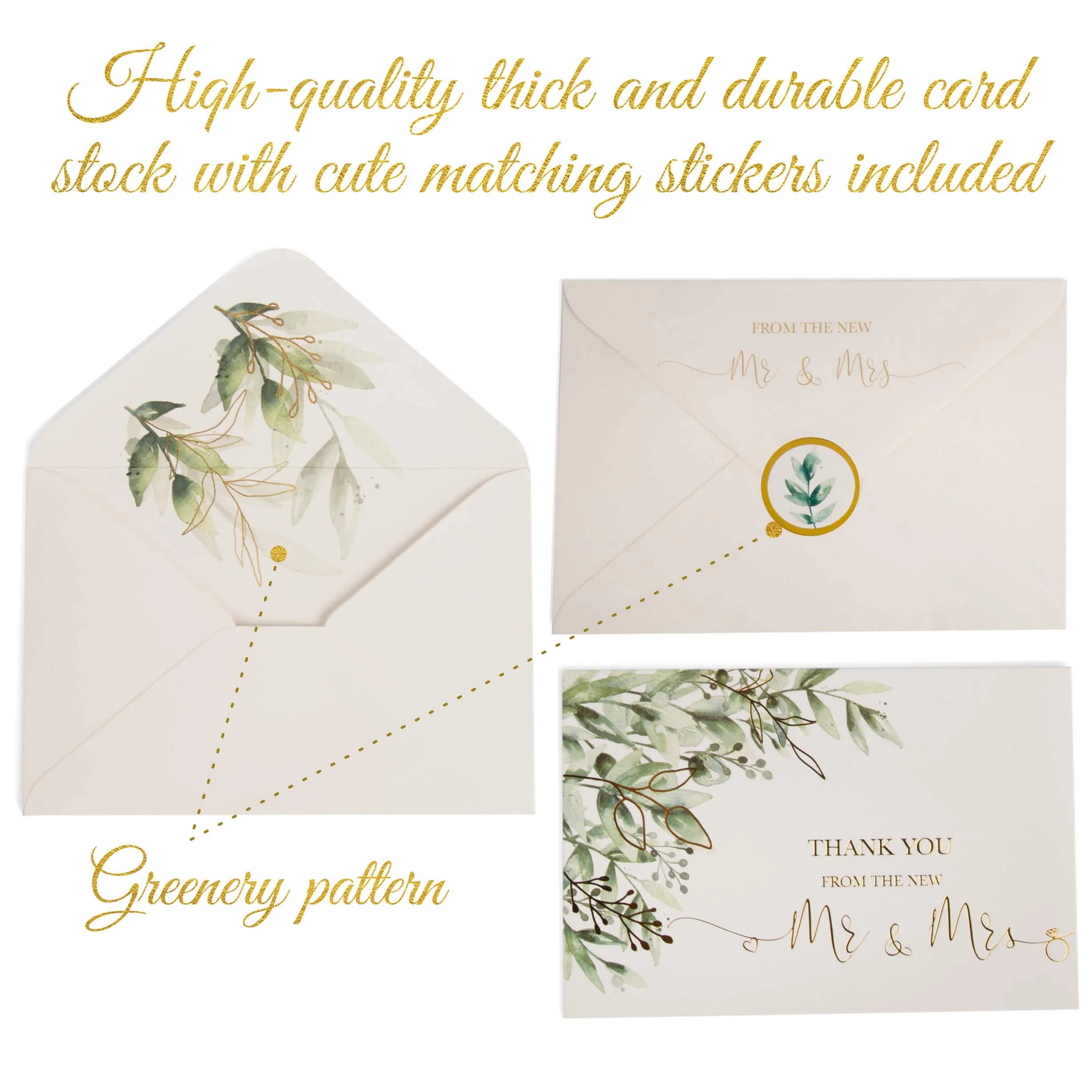 VNS Creations Blank Wedding Thank You Cards 100 Pack 4x6 Inches | Greenery & Gold Design - view 2