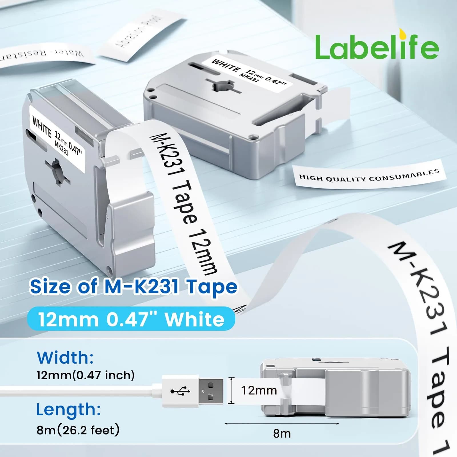 Labelife M-K231 Replace for M-K231s Brother M Tape 12mm 0.47 White | Water & Tear Resistant thumbnail 3