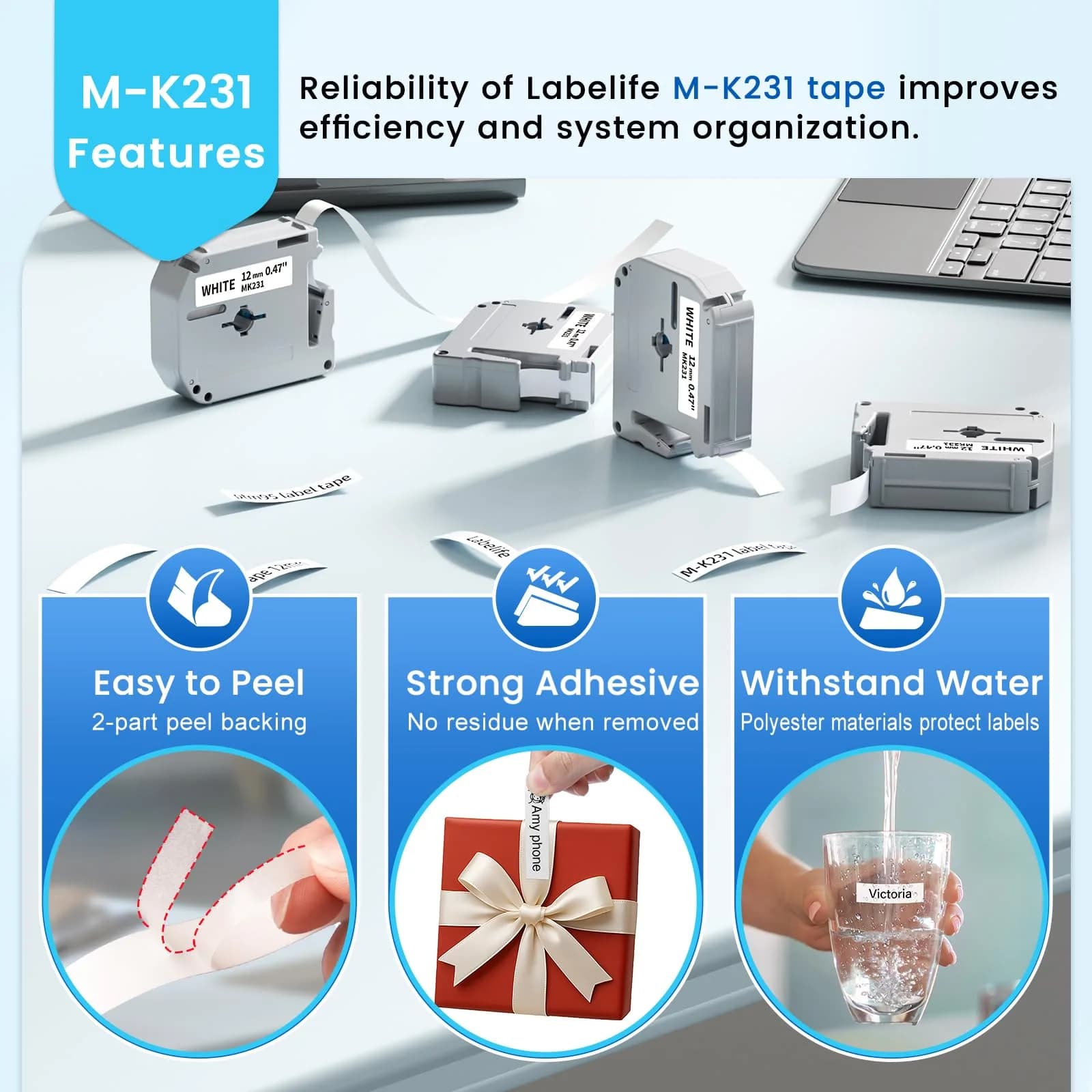Labelife M-K231 Replace for M-K231s Brother M Tape 12mm 0.47 White | Water & Tear Resistant thumbnail 4