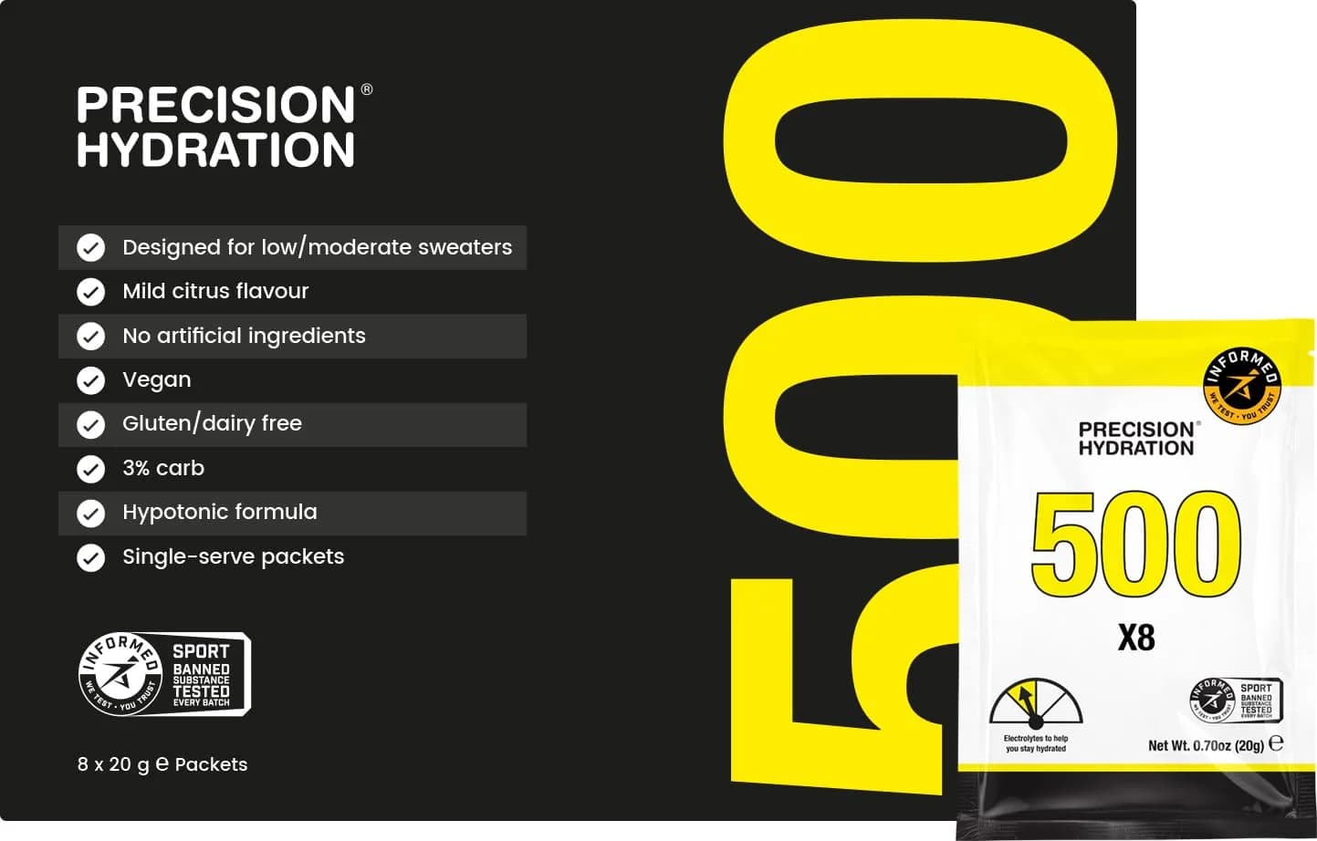 Precision Hydration Electrolyte Powder - No Artificial Ingredients, 8 Packets, 500mg/L | Hydration Support for Athletes — 500mg/L - Yellow Packet