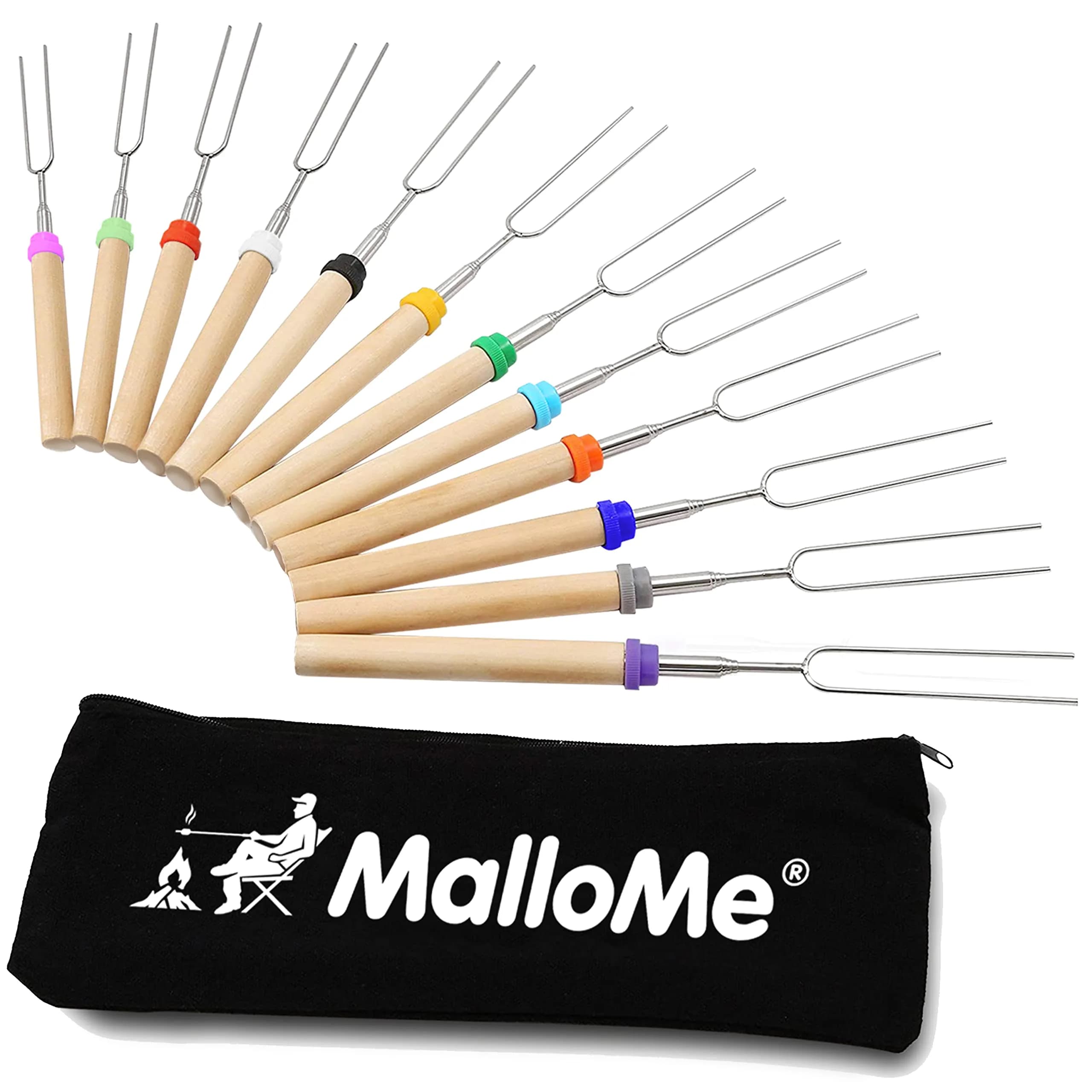 MalloMe 32" Telescoping Marshmallow Roasting Sticks Set of 12 | Heavy Duty Stainless Steel Forks for Campfire Cooking — 12 Fork Set w/ Storage Bag
