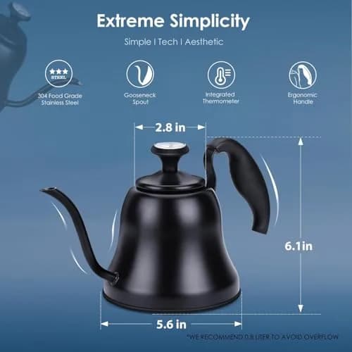 Chekbar Matte Black Tea Kettle with Thermometer, 0.8L (28oz) | Precise Gooseneck Pour Over for Coffee & Tea thumbnail 5