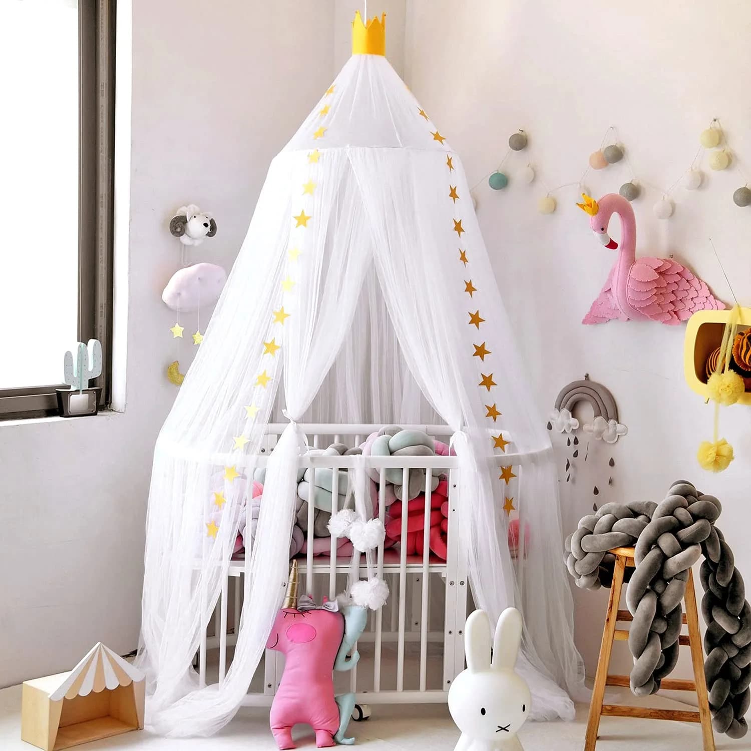 Jolitac Princess Bed Canopy for Girls Room Decor 2.4m (7.9ft) | Round Lace Mosquito Net for Kids Bedroom (White)